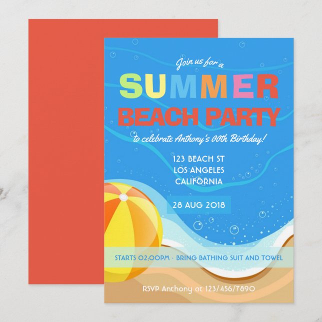 Summer Beach Anniversaire Fête Invitation (Devant / Derrière)