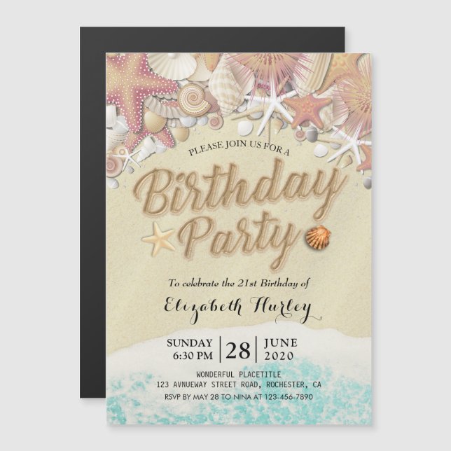 Summer Beach Birthday Party Starfish Sea shells Magnetic Invitation (Front/Back)