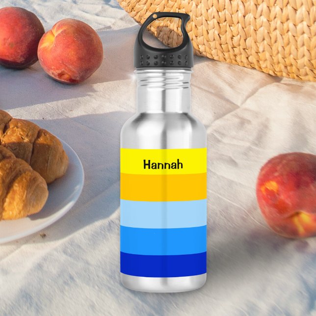 Summer Beach Blue and Yellow Stripes Personalized 532 Ml Water Bottle (A stainless steel water bottle with modern color block design in sunny coastal yellow and blue)