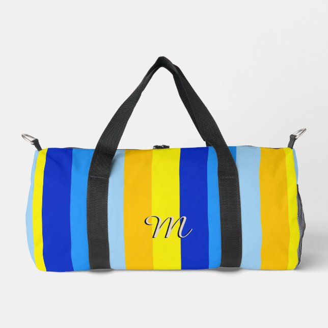Summer Beach Blue and Yellow Stripes Personalized Duffle Bag (Front)