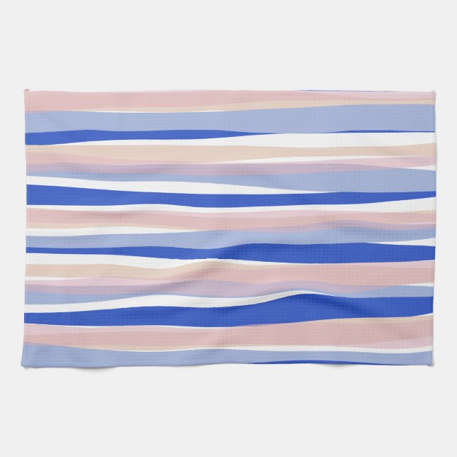 Summer beach blue pink beige stripes  kitchen towel (Horizontal)