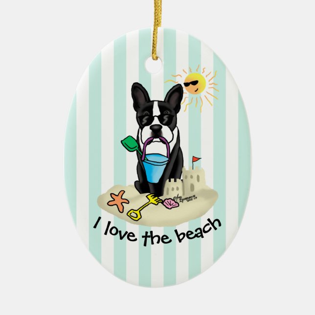 Summer Beach Boston Terrier Dog (black) Cute Ceramic Ornament (Front)