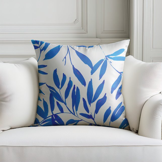 Summer beach coastal blue leaves print throw pillow (Creator Uploaded)
