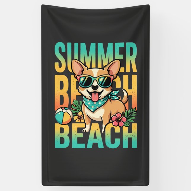 Summer Beach Dog Vacation Vector Banner (Vertical)