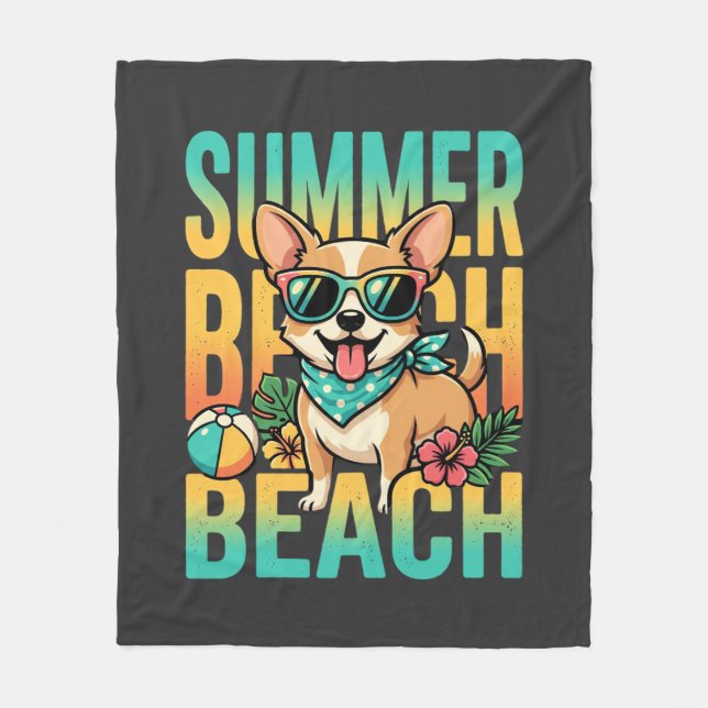 Summer Beach Dog Vacation Vector Fleece Blanket (Front)