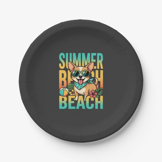 Summer Beach Dog Vacation Vector Paper Plate (Front)