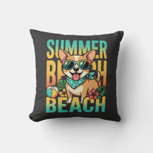 Summer Beach Dog Vacation Vector Throw Pillow