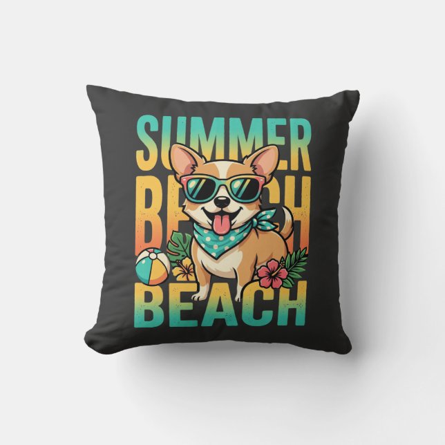 Summer Beach Dog Vacation Vector Throw Pillow (Front)