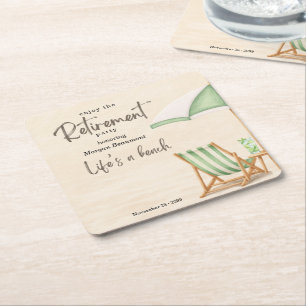 Summer Beach Elegant Green Chairs Retirement Party Square Paper Coaster