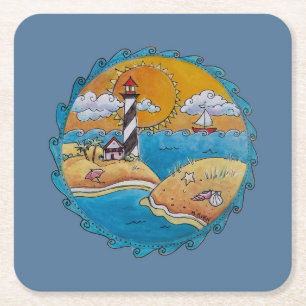 Summer beach fun sunny seashore coastal square paper coaster