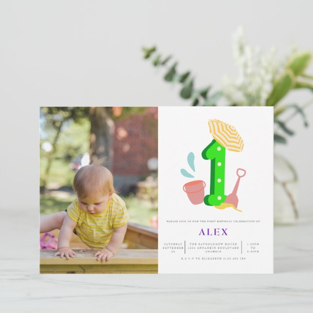 Summer Beach Gender Neutral 1st Birthday Photo Invitation (Standing Front)