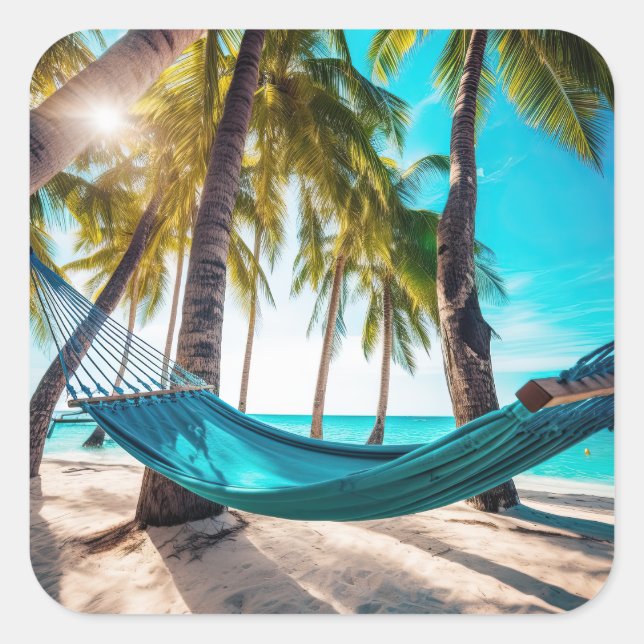 Summer Beach Hammock Ocean Vacation Palm Trees Square Sticker (Front)