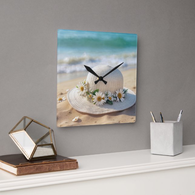 Summer Beach Hat Square Wall Clock (Office)