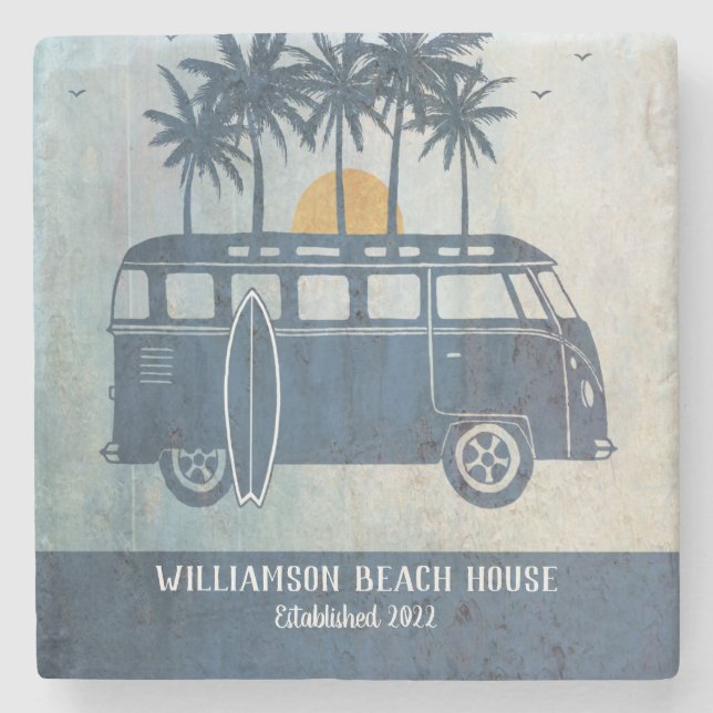 Summer Beach House Retro Surf Van Monogrammed Stone Coaster (Front)