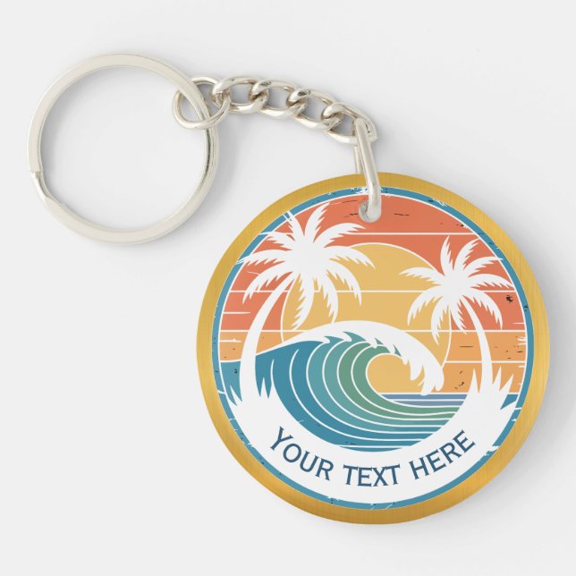 Summer Beach I Retro Sunset Surf and Palm Trees Keychain (Front)