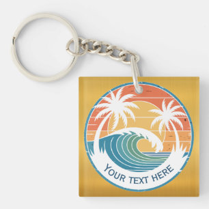 Summer Beach I Retro Sunset Surf and Palm Trees Keychain