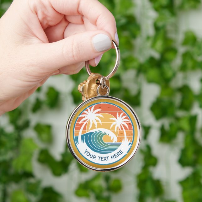 Summer Beach I Retro Sunset Surf and Palm Trees Keychain (Hand)