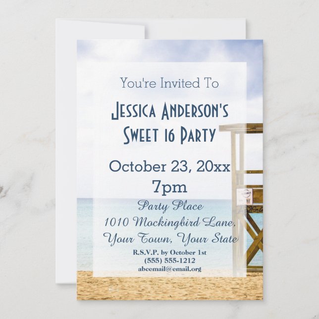 Summer Beach Lifeguard Blue Sweet 16 Birthday Invitation (Front)