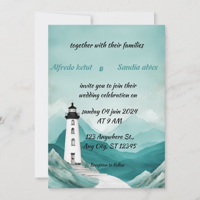 summer beach Lighthouse watercolor wedding Invitat Invitation (Front)