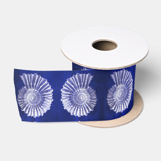 Summer Beach Nautical Coastal Blue Conch Seashell  Satin Ribbon (Spool)