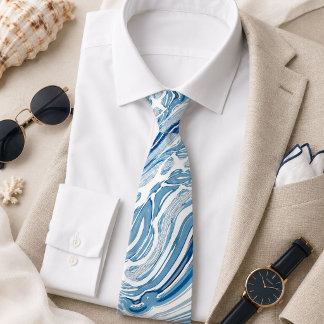 summer beach nautical waves watercolor blue swirls tie