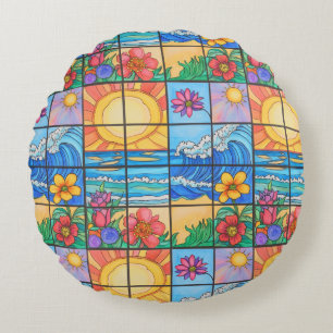 summer beach ocean and flowers round pillow