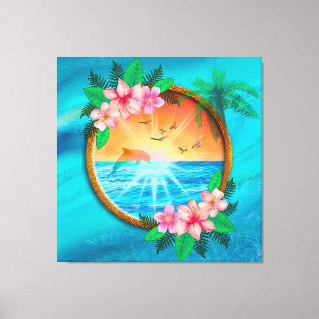 Summer Beach Ocean birds fly in sky and worm sunny Canvas Print (Front)