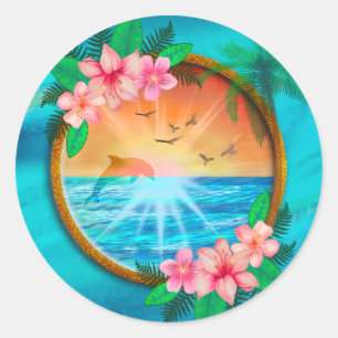 Summer Beach Ocean birds fly in sky and worm sunny Classic Round Sticker