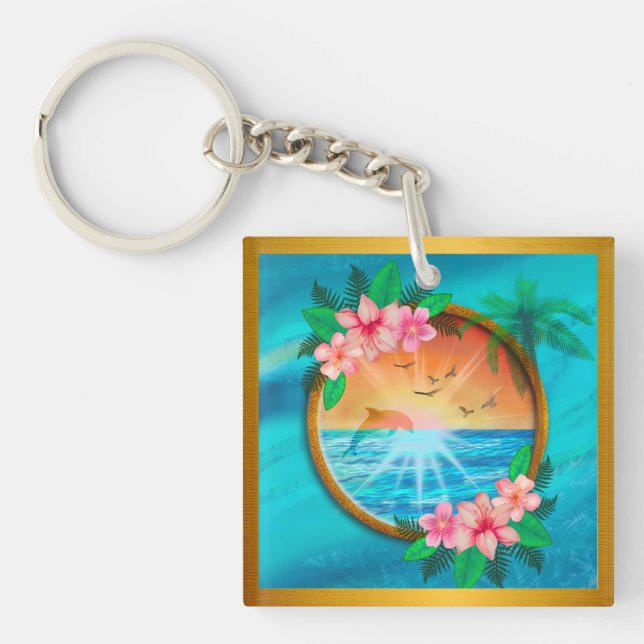 Summer Beach Ocean birds fly in sky and worm sunny Keychain (Front)