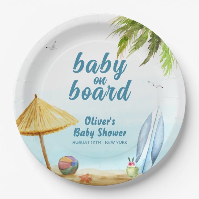 Summer Beach Ocean Surfboard Baby Shower Paper Plate (Front)