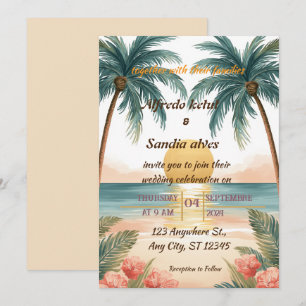 summer beach palm tree tropical watercolor wedding invitation