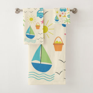 Summer Beach Palm Trees, Boats and Sun Bath Towel Set