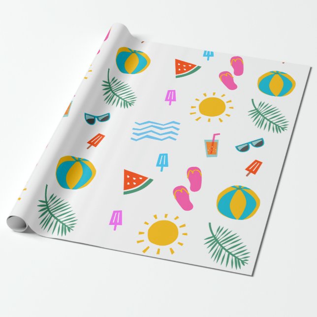 Summer Beach Pattern Birthday Wrapping Paper (Unrolled)