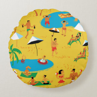 Summer beach people seamless pattern. Tropical bac Round Pillow