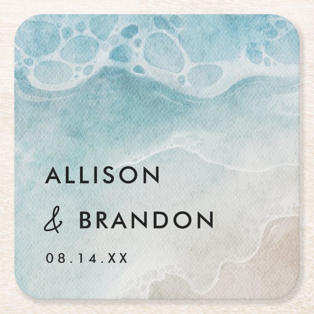 Summer Beach Personalized Wedding  Square Paper Coaster (Front)