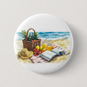 Summer Beach Picnic Watercolor Illustration – Vibr 2 Inch Round Button
