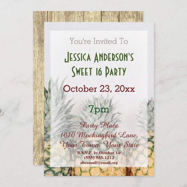 Summer Beach Pineapple Tropical Sweet 16 Birthday Invitation (Front/Back)