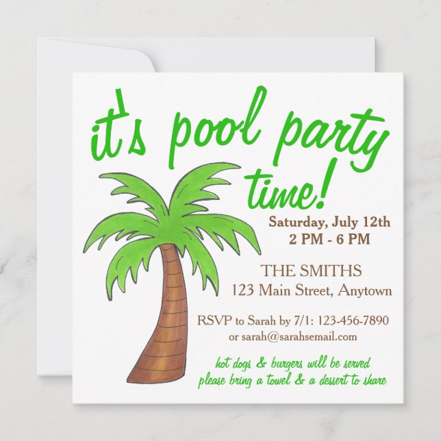 Summer Beach Pool Party Green Palm Tree Invitation (Front)
