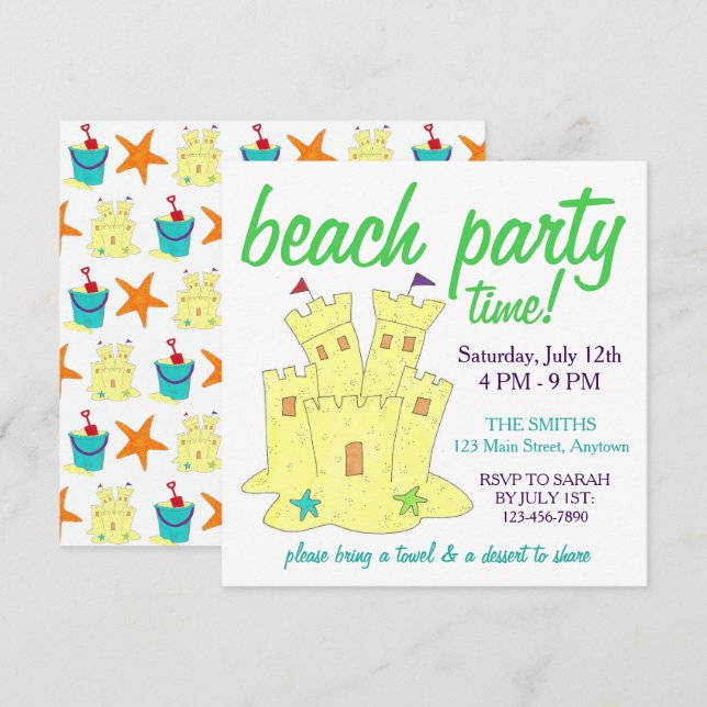 Summer Beach Pool Party Sandcastle Starfish Invitation (Front/Back)