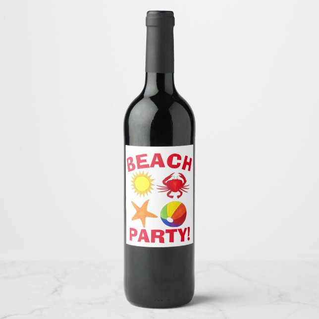 Summer Beach Pool Party Sun Beachball Crab Wine Label (Front)
