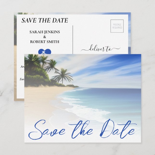 Summer Beach Sand Palm Tree Wedding Save The Date Postcard (Front/Back)