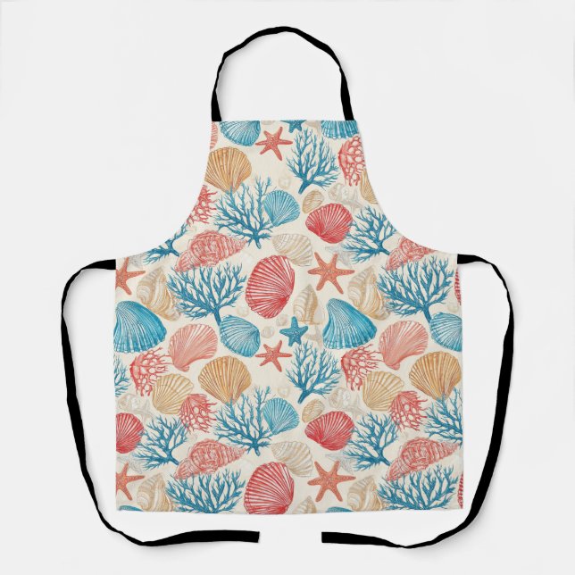Summer Beach Seashell Starfish Blue Red Pattern Apron (Front)