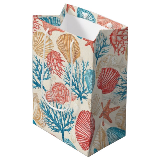 Summer Beach Seashell Starfish Blue Red Pattern Medium Gift Bag (Front Angled)