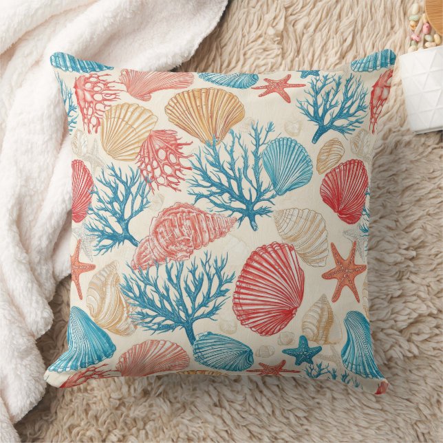 Summer Beach Seashell Starfish Blue Red Pattern Throw Pillow (Blanket)