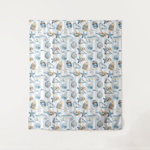 Summer Beach Seashell  Watercolor Blue White  Tapestry