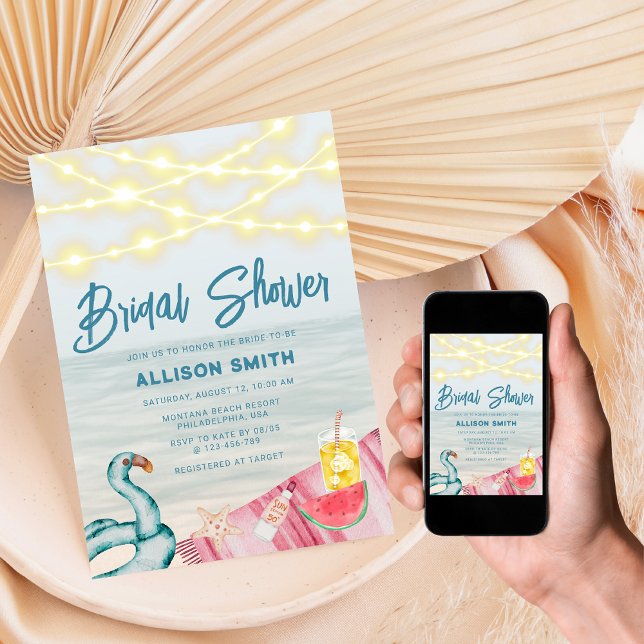 Summer Beach String Lights Flamingo Bridal Shower Invitation (Creator Uploaded)