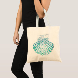 summer beach teal blue watercolor mermaid seashell tote bag