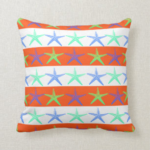 Summer Beach Theme Starfish on Orange Stripes Throw Pillow