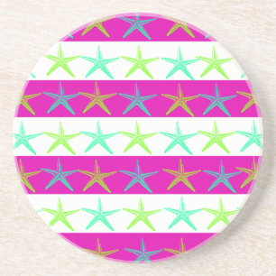 Summer Beach Theme Starfish on Purple Stripes Coaster