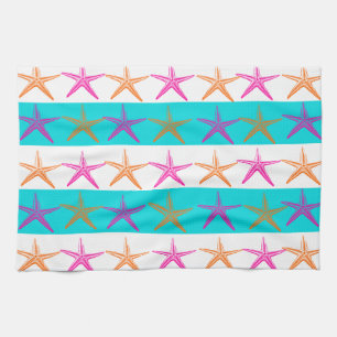 Summer Beach Theme Starfish on Teal Stripes Kitchen Towel